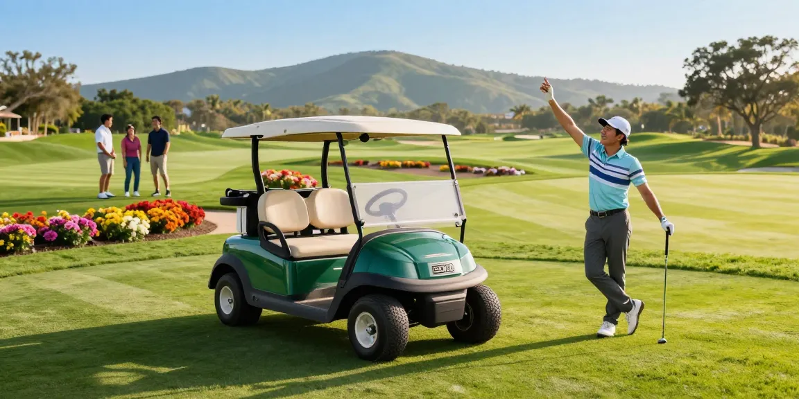EZGO golf cart for sale near a beautiful golf course, showcasing a vibrant golfing atmosphere.