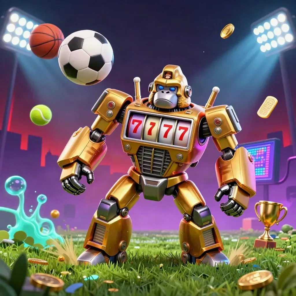 Golden gorilla mech kicks a soccer ball amid flying coins, floodlights, and neon casino glow.
