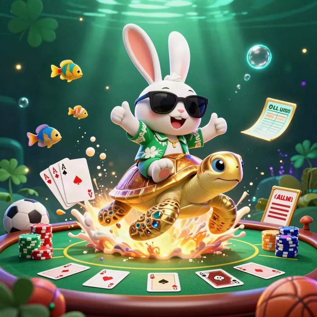 Cartoon rabbit on a gold sea turtle amid poker chips, cards, sports balls, and neon casino glow.