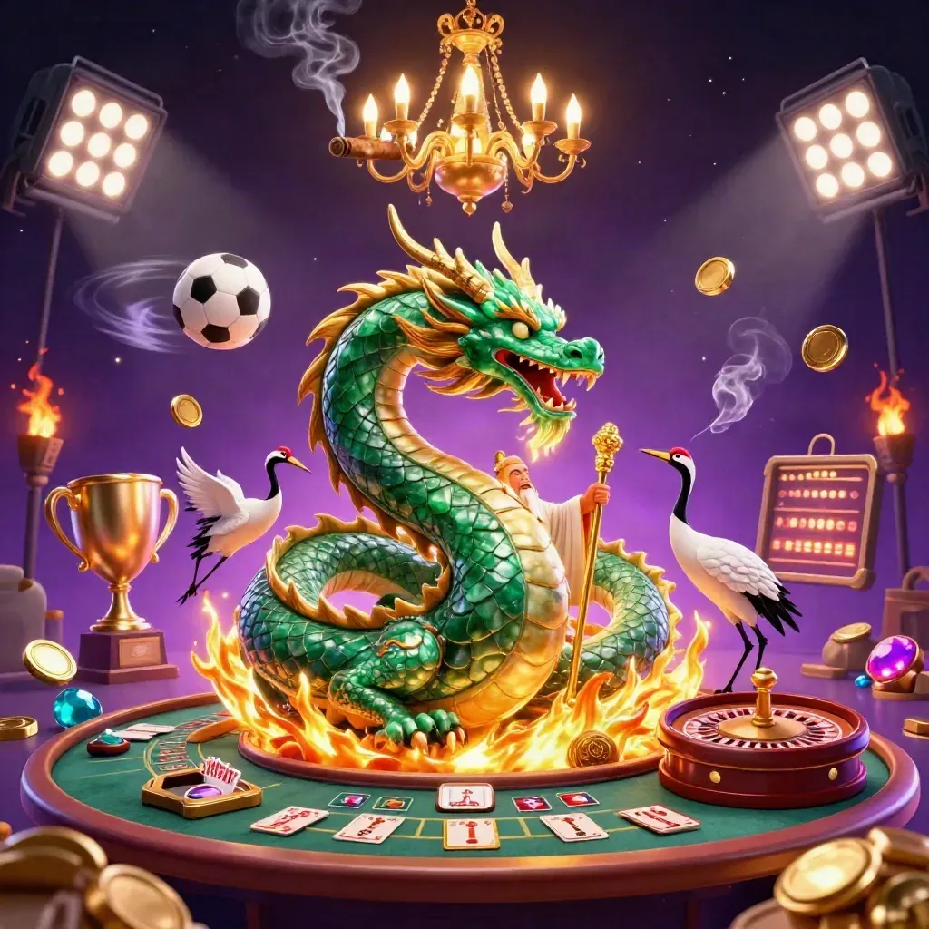 Emerald dragon, turtle sage and cranes amid casino lights, coins, roulette wheel and starry magic