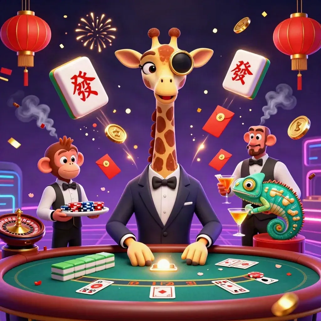 Giraffe, monkey, and chameleon in a luxe neon casino with fireworks and gold details.