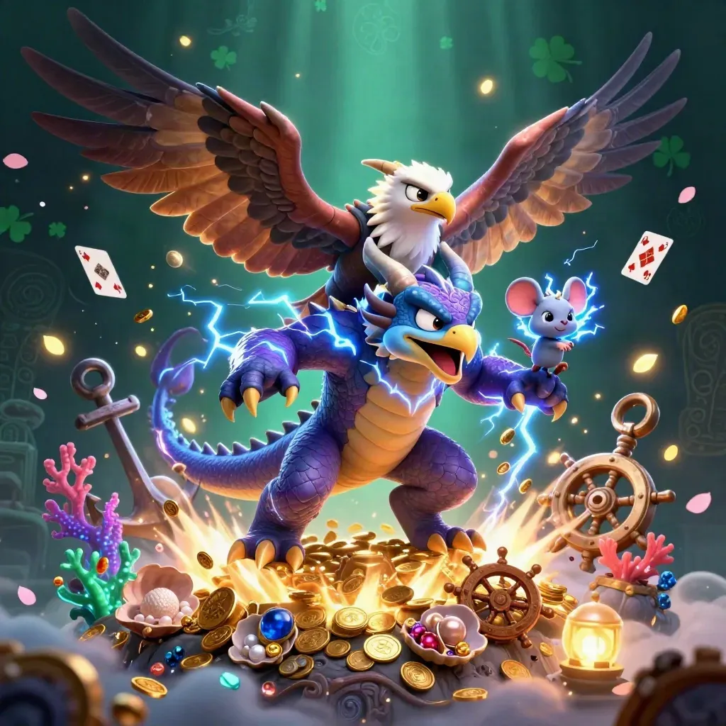 Thunder dragon, glowing hawk, and static mouse burst through a treasure cove in neon casino fantasy.