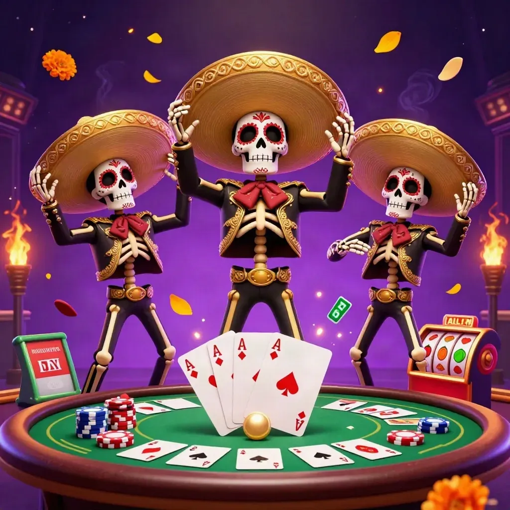 Day-of-the-Dead skeleton mariachi trio with poker chips, aces, and jackpot casino magic