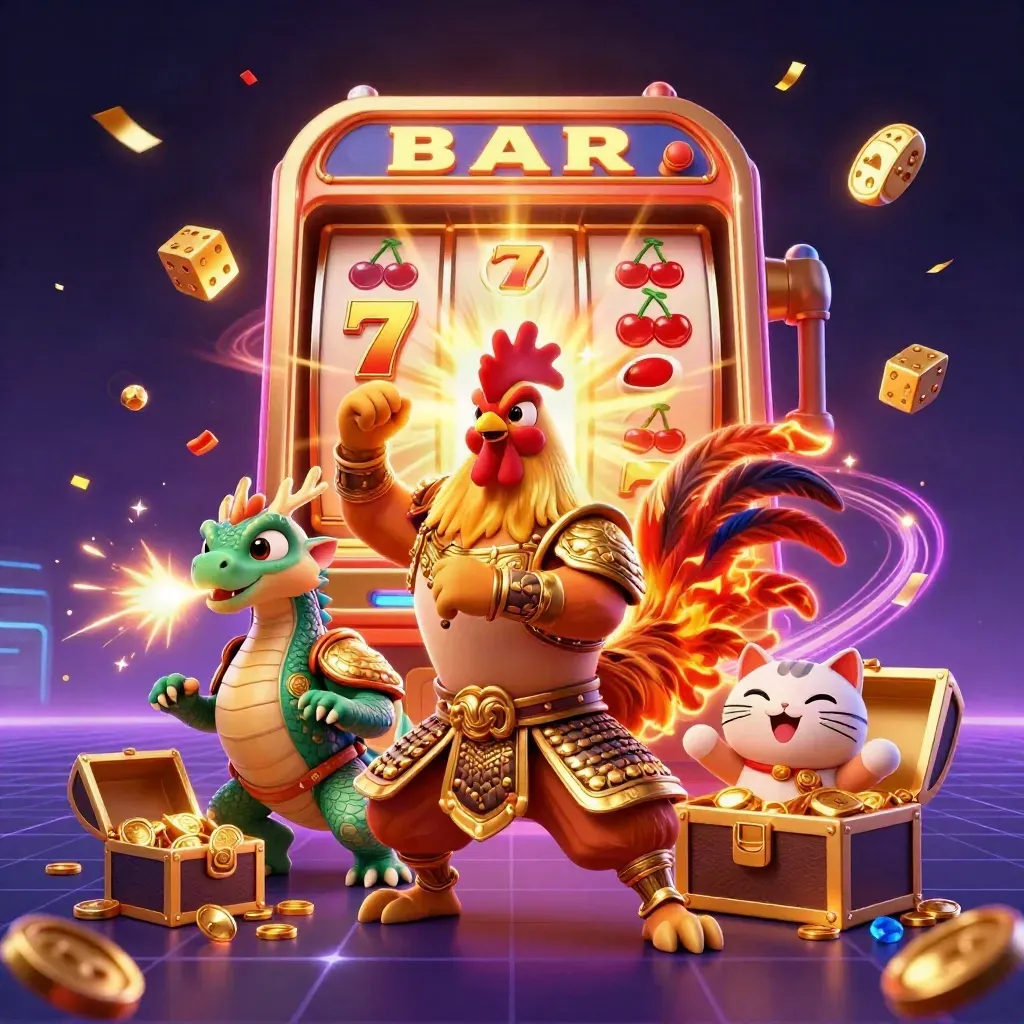 Rooster warrior, spark-breathing dragon hatchling, and fortune-cat amid bursting jackpot slot effects.