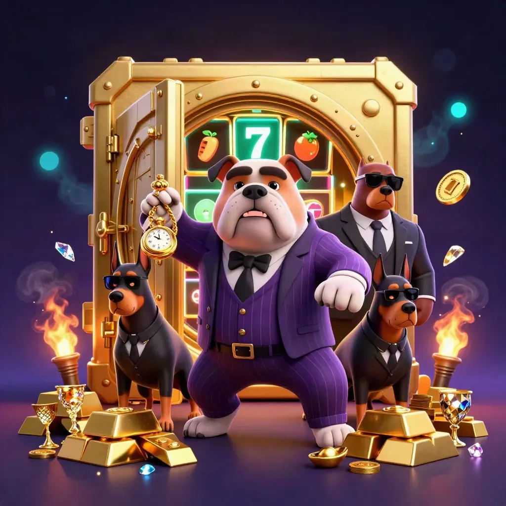 Bulldog gangster and Dobermans burst from a gold vault amid gems, fire, and casino glow.