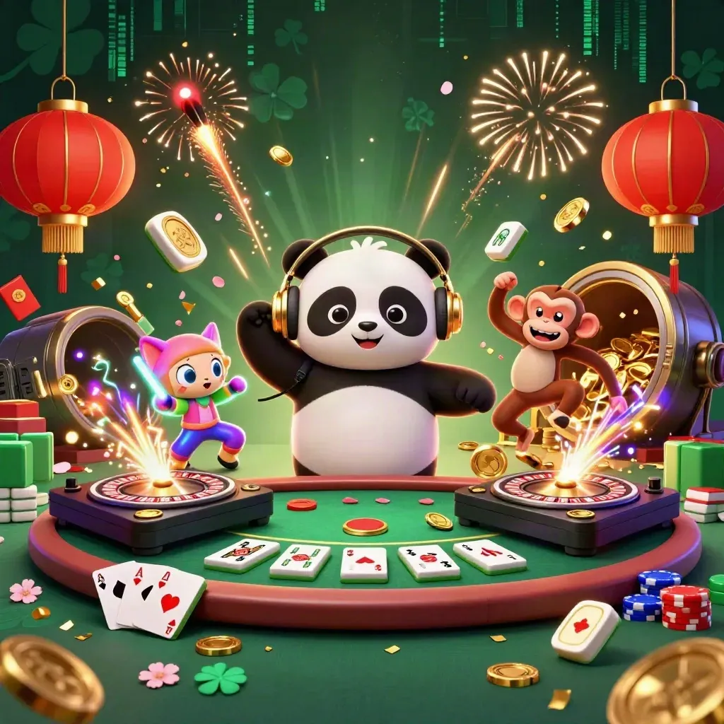 Panda DJ, dancing monkey, and glow kitten amid casino treasures and fireworks