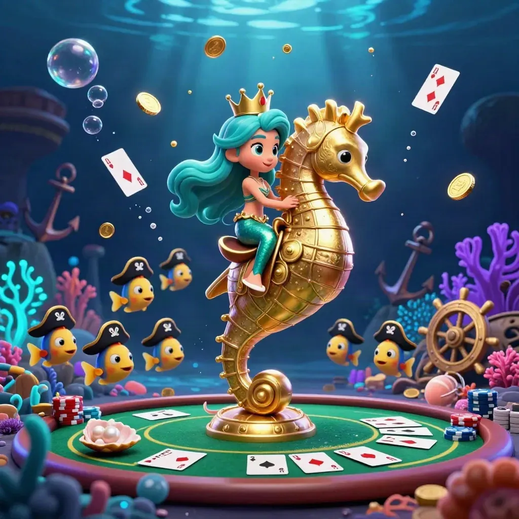 Mermaid princess on a golden seahorse amid coins, cards, coral and poker chips in a neon treasure cove