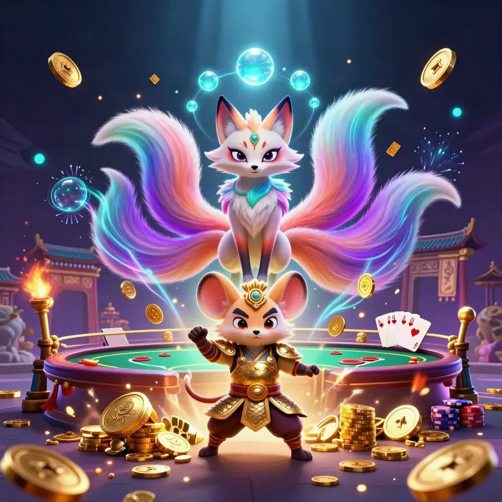 Fox spirit, samurai mouse, casino treasure burst, poker cards, chips, and neon fireworks.