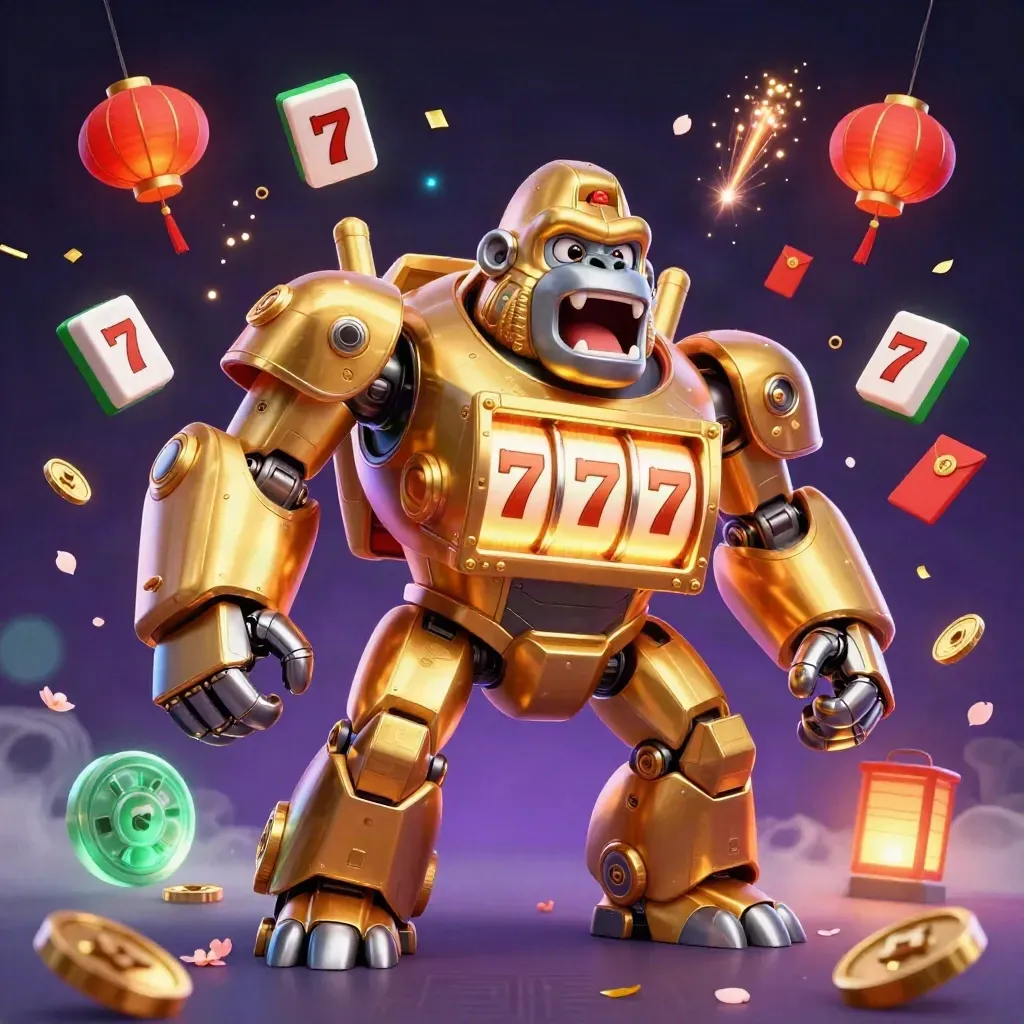 Golden gorilla slot mech with tiny monkey pilot, surrounded by lanterns, coins, petals, and glowing reels