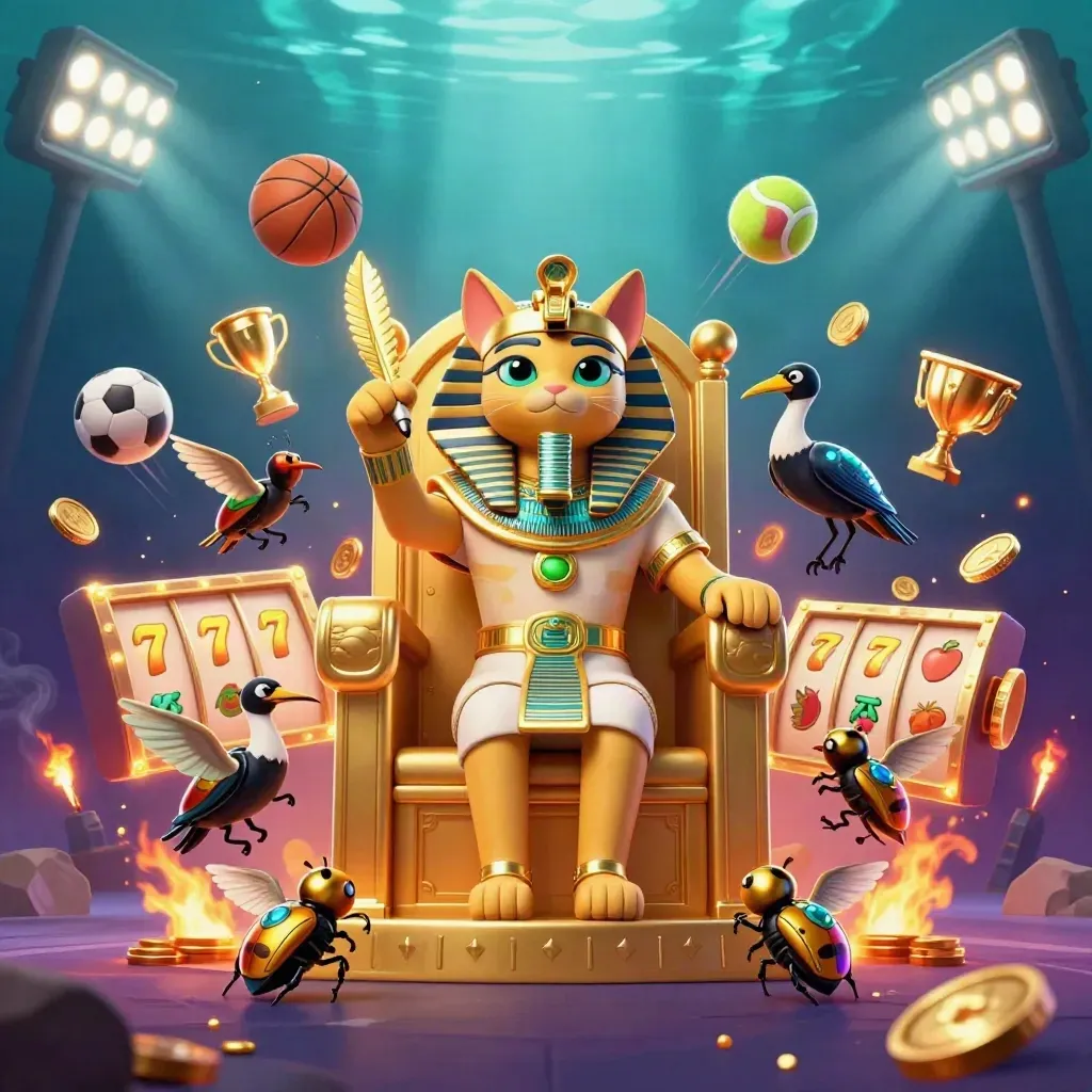 Pharaoh cat king with ibis scribe, scarab wings, sports balls, coins, and jackpot symbols in neon casino art.