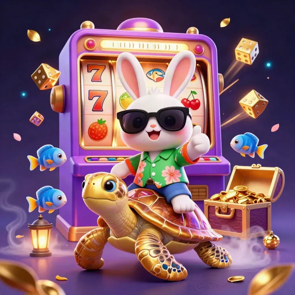 Lucky rabbit on a golden sea turtle amid slot machine bursts and jackpot loot