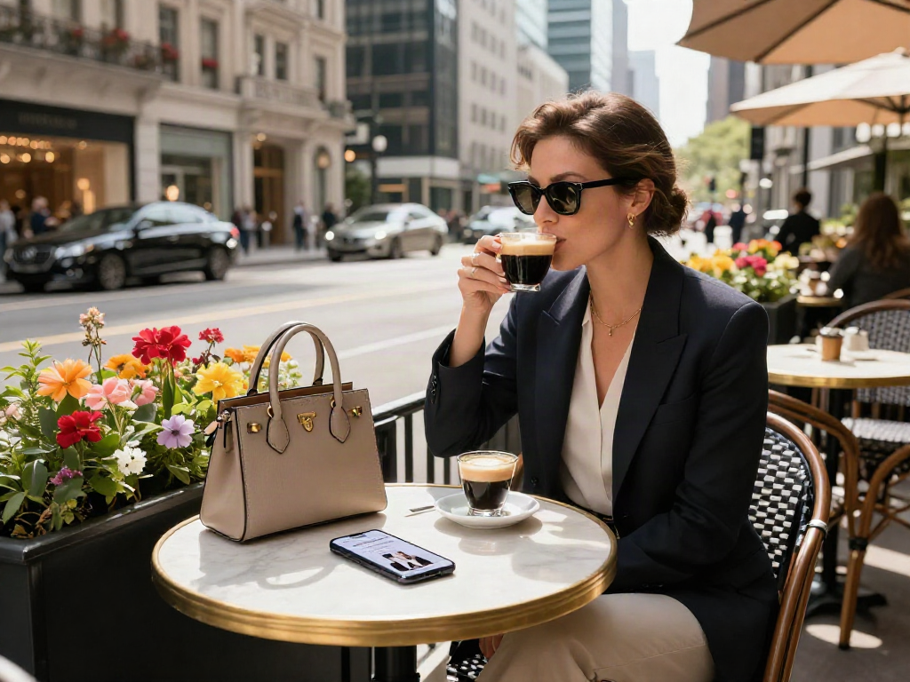 LUXURY 111 dalam gaya hidup mewah, individu di kafe mewah kota dengan tas desainer dan espresso.